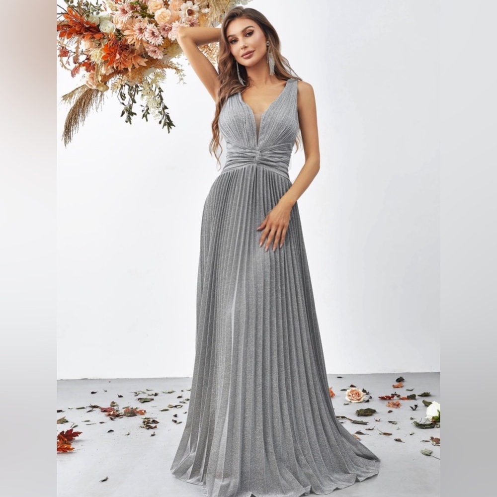 Ruched Front Pleated Hem Glitter Formal Dress